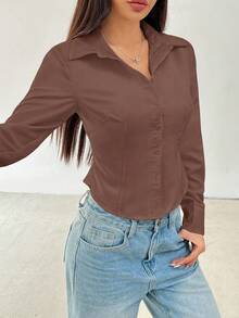 SHEIN PETITE Áo sơ mi dài tay cơ bản, giản dị, có cạp chun - màu nâu - Xem 4