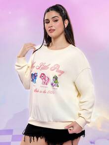 My Little Pony X SHEIN Plus Size Women Casual Cute Cartoon Unicorn & Letter Print Dropped Shoulder Loose Pullover Sweatshirt, Spring/Autumn Cute Sweatshirt Kawaii Clothes Women Sweatshirts Graphic Sweatshirts