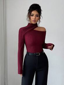 Modelyn Áo thun nữ tay dài cổ chéo vai họa tiết ôm sát thường ngày, mùa thu/đông - Đỏ - Xem 6