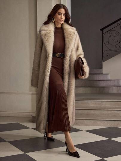 ZEYLAH Abrigo largo de piel sintética con cuello grande y esponjoso