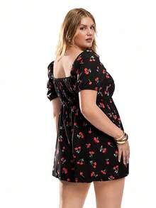 Solavibe Plus Size Women's Square Neck Short Sleeve Cherry Print Playsuit, Spring/Summer - Multicolor - View 4