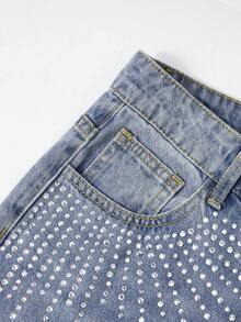 ROMWE 女式休闲宽松纽扣口袋水钻装饰宽松牛仔裤 - 藍色 - 查看 7