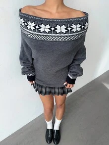 Aloruh Women's Elegant Grey Autumn Sweater,Fair Isle Pattern Christmas Off-Shoulder Puff Sleeve Pullover,Cozy Fall Winter Top Jumper For Brunch Apparel - Dark Grey - View 7