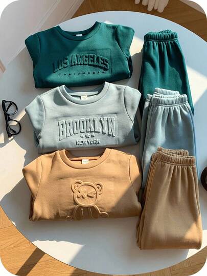SHEIN 6 件套年轻男孩可爱休闲百搭纯色字母和熊图案压花长袖运动衫和慢跑运动服套装，基本款多件装，适合室内、户外、日常、运动、玩耍、派对、拍照、节日、狂欢，秋冬季