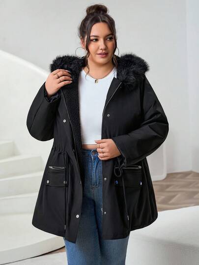 SHEIN CURVE+ Ropa de invierno talla grande, abrigo acolchado con capucha, cintura con cordón y cuello de piel
