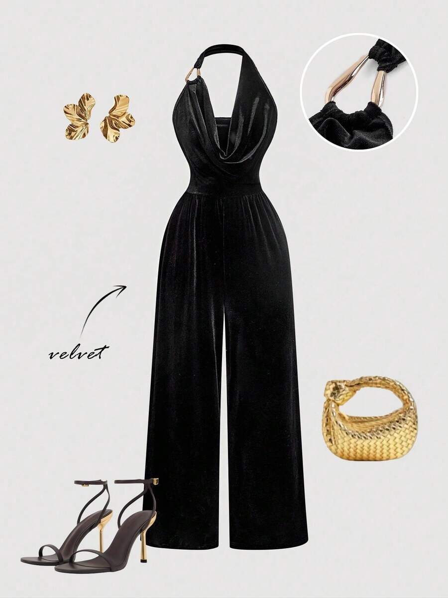 SHEIN MOD 女士黑色天鹅绒低胸阔腿连体裤 - 黑色 - 查看 1