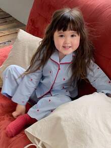 DAZY 2 件套女婴休闲心形圆点印花翻领长袖衬衫和宽松长裤睡衣套装