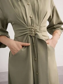Heiryn Cinched Waist, French Style, High-End, Commuting, New Summer Shirt Dress - Green - View 7