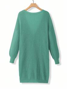 EMERY ROSE Plus Size Women Loose Casual Drop Shoulder Lantern Sleeve Knitted Cardigan, Black Jacquard Pattern, Mid-Length, Versatile Daily Wear - Green - View 2