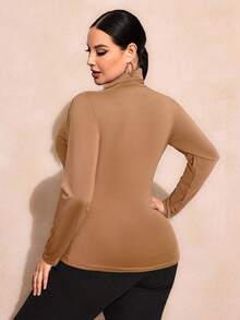 SHEIN SXY Plus Size Solid Color Slim Fit High-Necked Long Sleeve All-Match T-Shirtbasic Tees
