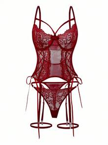 4pcs Set Women's Sexy Lace Contrast Mesh Garter Lingerie Sets For Going Out - Burgundy - View 5