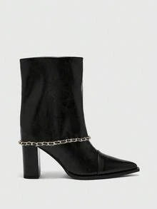 CUCCOO BIZCHIC 方头中筒靴 | 金色链条装饰 | 哑光皮革外观 | 粗跟，适合全天穿着 | 2 双，优质合成材料 - 黑色 - 查看 2
