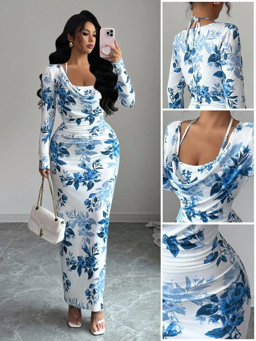 Elenzga Nouvelle robe moulante mini à col drapé, imprimé floral sexy, avec nœud à la taille. Élégante et flatteuse, convient pour les superpositions en automne/hiver - Bleu et Blanc - Voir 1