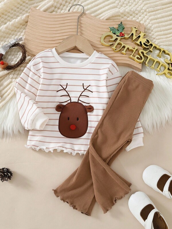 Set de 2 piezas de conjunto de niña con sudadera de manga larga de cuello redondo minimalista de moda diaria a rayas multicolor con estampado de ciervo de dibujos animados y pantalones