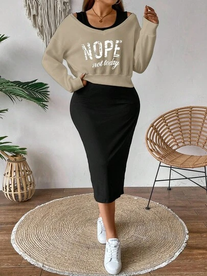 Calvaya Plus Size Women Autumn Letter Print V-Neck Drop Shoulder Long Sleeve Sweatshirt And Sleeveless Dress Casual 2-Piece Set