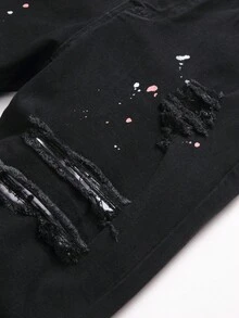 Gothic Punk Black Ripped Skinny Jeans For Men Denim Long Pants With Paint Splatter And Zipper Detailing Manfinity Legnd Men Cotton Splash Ink Ripped Jeans - Black - View 4