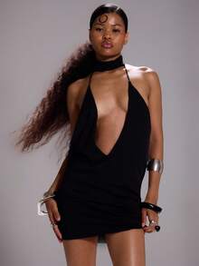 MUSERA 极致深V露背无袖迷你连衣裙，性感外出秋季优雅反乌托邦春夏度假风 - 黑色 - 查看 3