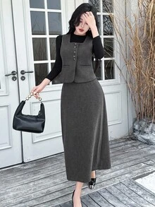 DAZY 女士休闲方领无袖上衣和裙子两件套，秋季 - 灰色 - 查看 8