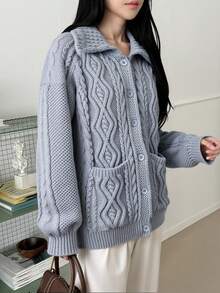 Livesso Áo khoác cardigan dệt kim màu trơn đơn giản, rộng rãi, thoải mái cho nữ, có ve rộng, phù hợp cho mùa thu đông - Xám - Xem 2