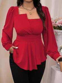 SHEIN Clasi Plus Size Square Collar Solid Color Ruffled Hem Casual Long Sleeve Shirt, For Christmas Peplum Top Fall Cloth For Women - Red - View 1