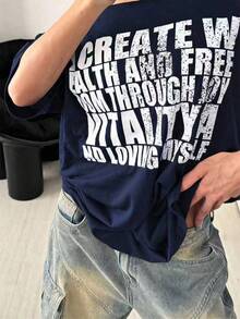 StreetHx 女式春夏复古字母印花宽松休闲通勤短袖 T 恤，蓝色 - 藏蓝色 - 查看 6