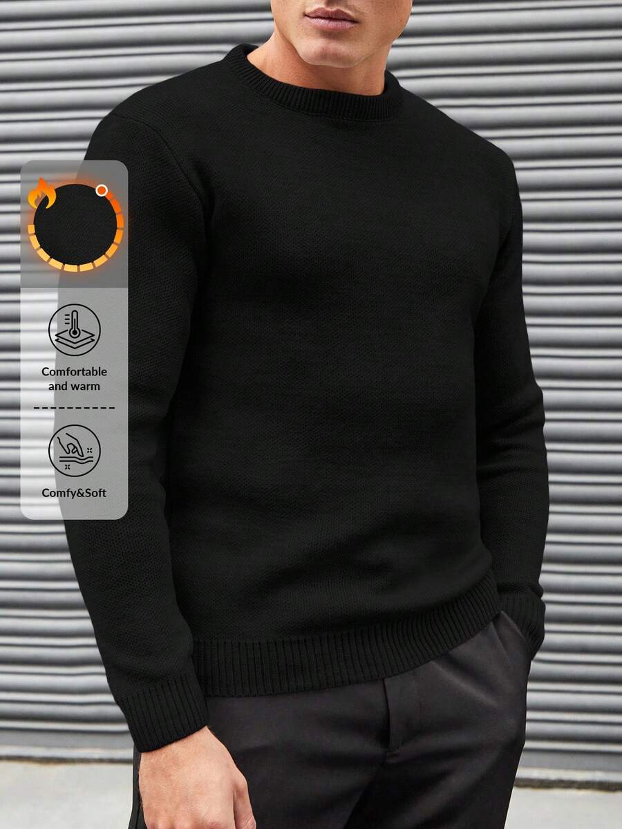 EURMUSE Suéter Básico De Color Liso Con Cuello Redondo Para Hombre - Negro - Ver 1
