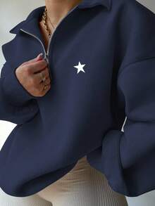 EMERY ROSE Sudadera holgada con media cremallera, cuello y estampado de estrella, para mujer talla grande, de uso casual y para ir al trabajo, otoño - Azul Marino - Ver 4