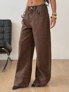 DAZY 女士常规中腰香蕉腿休闲牛仔裤 Y2k - 棕色 - 查看 6