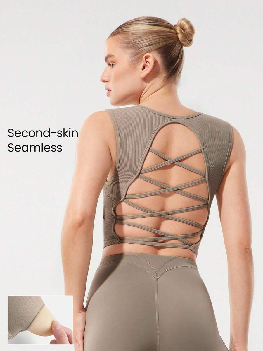 GLOWMODE Áo tank top dệt kim dáng ngắn, siêu mềm mại, không đường may, kiểu đan chéo, thấm hút mồ hôi, hở lưng, có mút ngực tháo rời, cổ vuông, thích hợp cho chạy bộ, tập luyện thể dục cường độ trung bình. - Màu Khaki - Xem 1