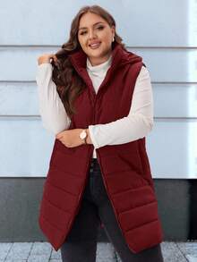 EMERY ROSE Chaleco acolchado con capucha y bolsillos, talla grande, liso - Rojo - Ver 3