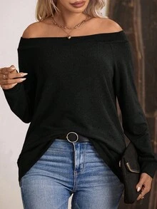 EMERY ROSE Maglietta larga a maniche lunghe e spalle scoperte da donna, casual e alla moda - nero - Visualizzare 4