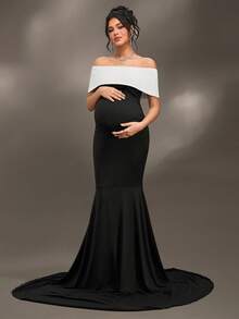 Cheriluna Maternity Váy chụp ảnh bầu cho tiệc chào đón em bé/Váy dự tiệc thanh lịch - Đen và trắng - Xem 4