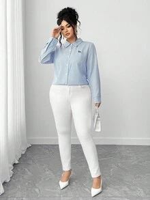 SHEIN Tall CURVE Plus Size Casual/Work Striped Embroidered Detail Shirt - Multicolor - View 6
