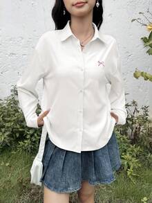 SHEIN Blus Kasual Longgar Nyaman dengan Kerah Bordir dan Pita, Cocok untuk Remaja Putri Kembali ke Sekolah Musim Gugur dan Musim Dingin - Putih - View 4