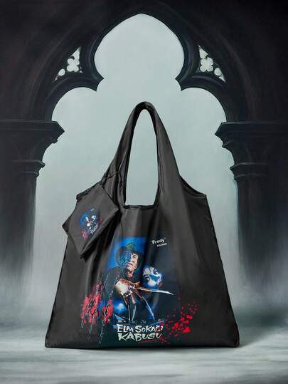 A Nightmare on Elm Street X ROMWE Figure Graphic Large Capacity Foldable Tote Bag With Coin Pouch, Portable Shopping Bag