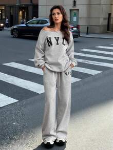 SHEIN Tall 2pcs Women NYC Off-Shoulder Loose Sweatshirt And Flared Long Sweatpants Set, Thick Thermal Lined, Suitable For Autumn/Winter Back To School Teacher - Grey - View 13