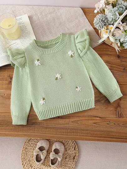 SHEIN Vintaside Kids Baby Girls' Knitted Long Sleeve Sweater, Versatile Green & Light Green, Elegant Embroidered Cap Sleeve Design, Suitable For Autumn/Winter, Everyday, School, Home, Outdoor, Travel Baby Girl Sweater Sage Green Baby Sweater Baby Girl Sweater Baby Knit Sweater Baby Sweater With Flowers Fall