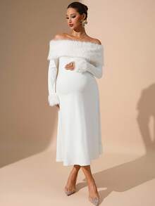 MaterniChic Elegantes Umstandskleid Einfarbig mit Schulterausschnitt und Langarm für schwangere Frauen - Weiss - Übersicht 4