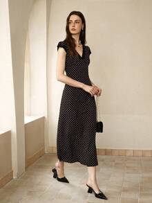 Cévolie 大码女式复古波尔卡圆点连衣裙 - 黑與白 - 查看 4