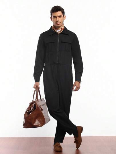 Core Aspect 1pc Men's Solid Color Front Zipper Long Sleeve Pocket Simplistic Casual Jumpsuit