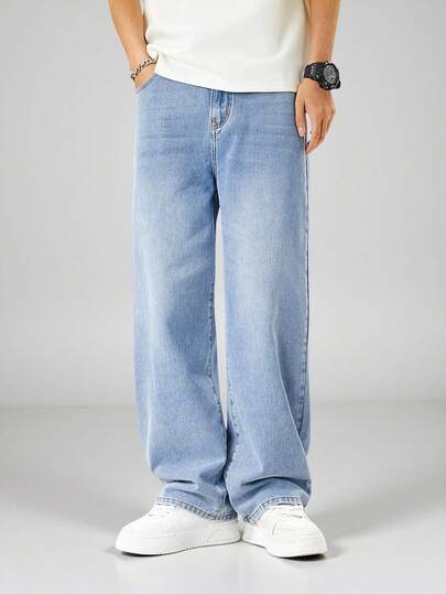 SHEIN Explorewe Tonårsjeans med raka ben, blå denim, ledig lös passform, resår i midjan, lämplig för skolan, vardagskläder, fest, resor, pendling, hemmet, höst/vinter ny ankomst