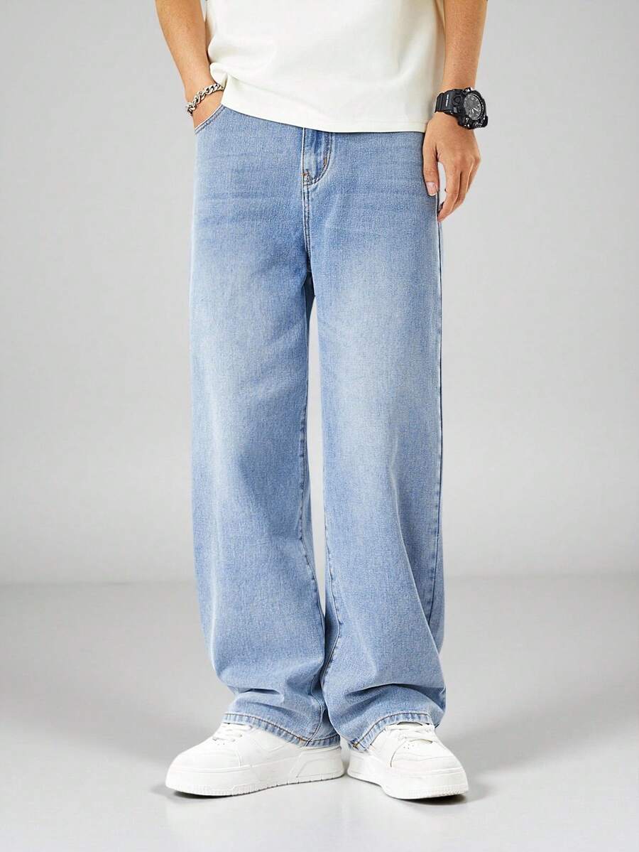 SHEIN Explorewe 青少年男童直筒牛仔裤，蓝色牛仔布，休闲宽松版型，松紧腰带，适合上学、日常穿着、聚会、旅行、通勤、居家等场合，秋冬新品 - 淺色水洗藍 - 查看 1