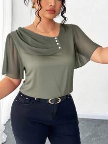 Elenzga Plus Size Asymmetrical Ruffle Collar Button Decor Short Sleeve Elegant Blouse - Army Green - View 3