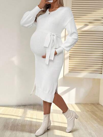 SHEIN Maternity Casual Solid Color Fitted Knit Dress, Autumn/Winter  Winter Dress Women  White Dresses For Women   White Dress New Year Women's Winter Sweater  Wedding Guest Dress