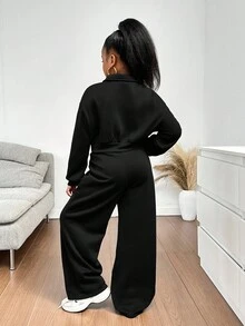 SHEIN 2件套青少年女孩字母刺绣套头连帽衫和休闲裤套装 - 黑色 - 查看 2