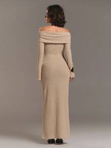 Aloruh Women's New Year's Look Autumn And Winter Khaki Apricot One-Shoulder Off-Shoulder Simple Fashion Street Pleated Waist Metal Decoration Slim Long Skirt, Versatile Long-Sleeved Knitted Dress, Autumn And Winter Base Dress Prom Dress,Vestidos Elegantes