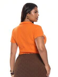 Solavibe Camiseta de talla grande para mujeres con solapa con volantes y unicolor con nudo - Naranja - Ver 4