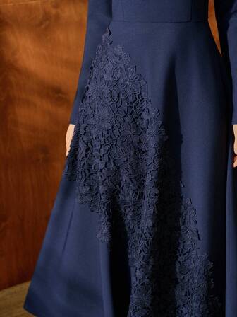 Anewsta Elegante A-lijn jurk met bloemenkant en patchwork voor dames, marineblauwe ronde hals, lange mouwen, tailleband en minimalistische jurk voor dates, herfst