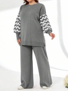 SHEIN Cottnline Plus Size Striped Color Block Sweater And Pants Two-Piece Set, For Winter - Grey - View 4