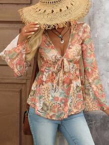 Brillora Allover Print Knot Front Flounce Sleeve Peplum Blouse,Long Sleeve Tops